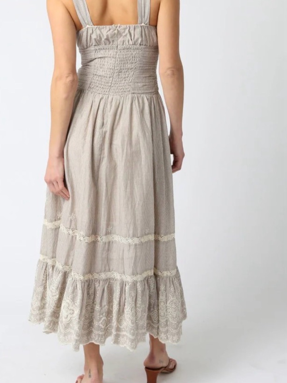 Olivaceous Beige Smocked Maxi Skirt with Lace Hem, Small